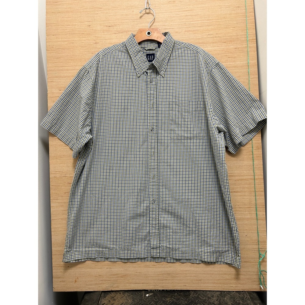 Gap Mens XL Short Sleeve Button Down Shirt Blue Green Gingham Check Cotton